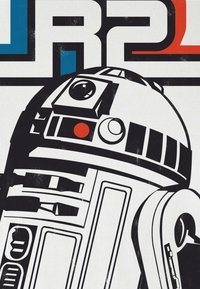 Illustration of a stylized droid, predominantly gray with black accents, a red dot, circular features, and bold typography in blue and red.