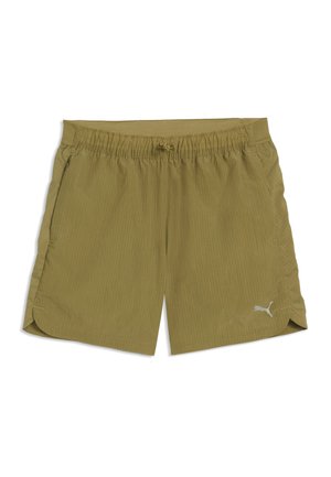 Hellbraune Sportshorts mit elastischem Bund, Seitentaschen, atmungsaktiven Seitenteilen und kleinem Puma-Logo vorne am rechten Bein.