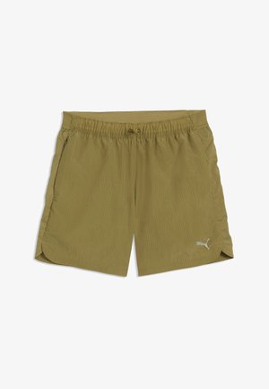 Jasnobrązowe sportowe szorty z elastycznym pasem, bocznymi kieszeniami, oddychającymi panelami bocznymi i małym logo Puma na prawej przedniej nodze.