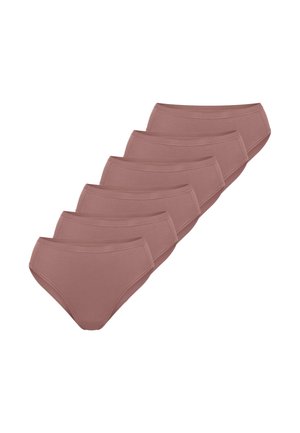 Zes mauvekleurige katoenen damesonderbroeken, overlappend gerangschikt, vooraanzicht, zonder patronen of logo's, eenvoudig ontwerp.