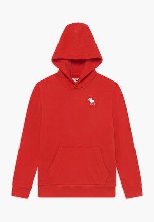 Rode hoodie van een katoenmix, met een buidelzak, een capuchon met trekkoord en een klein wit elandlogo op de borst.