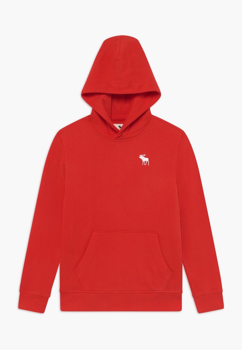 Rode hoodie van een katoenmix, met een buidelzak, een capuchon met trekkoord en een klein wit elandlogo op de borst.