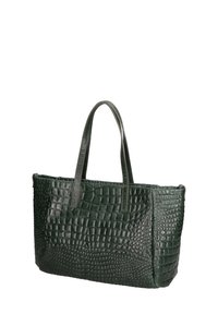 Borsa a spalla in pelle verde con effetto coccodrillo, dotata di due manici, con una forma rettangolare strutturata e superficie testurizzata.