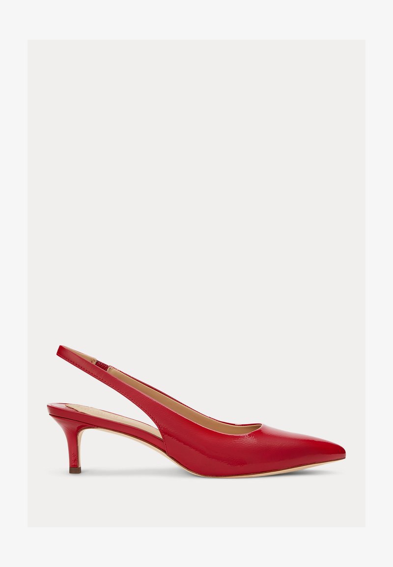 Raudoni lakštuoti odiniai slingback aukštakulniai su smailiu nosiu ir vidutinio aukščio kulnu, pasižymintys lygiu paviršiumi ir minimalistiniu dizainu.