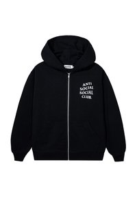 Czarny polarowy hoodie na zamek, wykonany z miękkiego materiału, z logo "ANTI SOCIAL SOCIAL CLUB" z przodu oraz dwiema bocznymi kieszeniami. W projektu z kapturem.