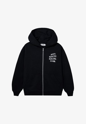 Czarny polarowy hoodie na zamek, wykonany z miękkiego materiału, z logo "ANTI SOCIAL SOCIAL CLUB" z przodu oraz dwiema bocznymi kieszeniami. W projektu z kapturem.