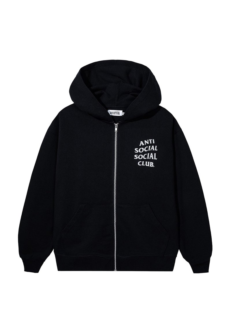 Czarny polarowy hoodie na zamek, wykonany z miękkiego materiału, z logo "ANTI SOCIAL SOCIAL CLUB" z przodu oraz dwiema bocznymi kieszeniami. W projektu z kapturem.