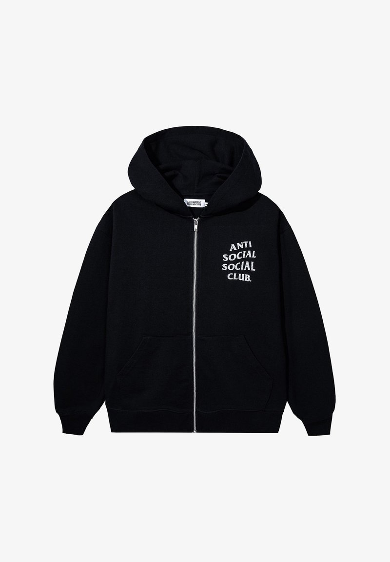Czarny polarowy hoodie na zamek, wykonany z miękkiego materiału, z logo "ANTI SOCIAL SOCIAL CLUB" z przodu oraz dwiema bocznymi kieszeniami. W projektu z kapturem.