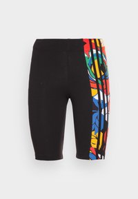 Svarta shorts med en färgglad mönstrad sida som har abstrakta röda, blå, gröna och gula mönster. Tillverkade av stretchy tyg.