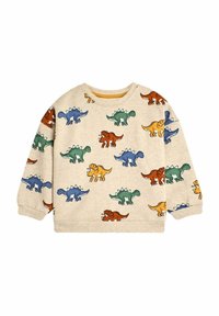 Sweat-shirt beige à manches longues, décoré d'imprimés de dinosaures colorés en vert, bleu, orange et marron. Matière douce et col rond.