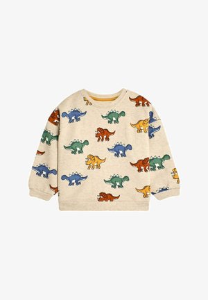 Felpa beige a maniche lunghe, con stampe di dinosauri colorate in verde, blu, arancione e marrone. Materiale morbido e scollo rotondo.