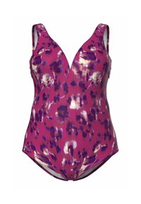 Maillot de bain une pièce avec un fond rose et un motif floral abstrait violet, blanc et doré, avec de larges bretelles.