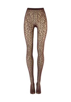 Collants marron à motif avec un design en nid d'abeille et une finition texturée, confectionnés dans un matériau transparent pour un look ajusté.