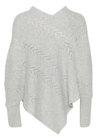 Pelēka adīta pončo ar V-veida kakla izgriezumu, atvērtu audumu ar zigzaga rakstu un garām piedurknēm ar ribotām aprocēm.