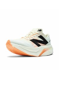 Lightweight running shoe in white with black accents. Features a textured upper, a cushioned midsole, and an orange rubber outsole.