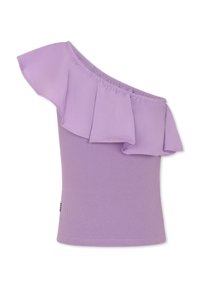 Top lilla a spalla unica con dettagli arricciati. Tessuto a costine testurizzato, silhouette aderente e scollatura elasticizzata per una vestibilità comoda.