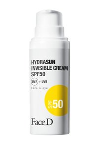 Hydrasun Invisible Cream SPF 50 in un flacone bianco a pompa, con testo nero, un'etichetta circolare gialla e indicazione di protezione UVA/UVB.