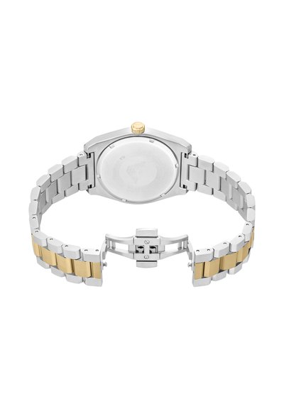 Orologio da polso in metallo argento e oro con bracciale a maglie bicolore e fibbia aperta, mostrando il retro della cassa e la corona.