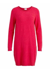 Robe-pull en tricot rose à manches longues, avec un col rond, une texture douce, et des poignets et un ourlet côtelés. Idéale pour être portée seule ou superposée.