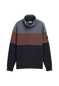 Sweatshirt mit Farbblock-Design in Dunkelblau, Braun und Hellgrau, hoher Kragen mit Knopfakzenten sowie gerippte Bündchen und Saum.