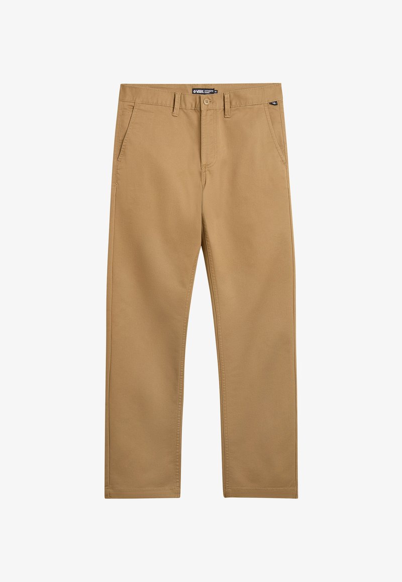 Tan chinos with a smooth texture, straight cut, two side pockets, and a button closure, featuring a small logo on the waistband.