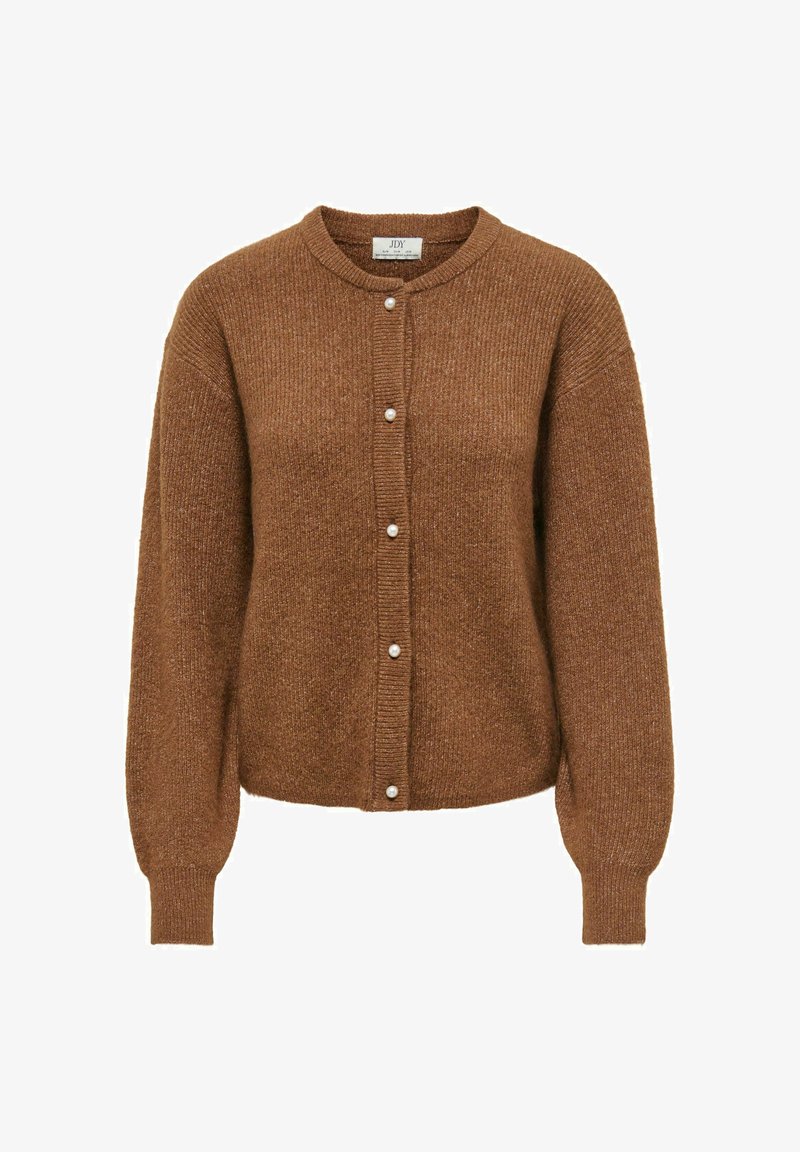Cardigan en tricot marron avec encolure ronde, manches longues, poignets côtelés et fermeture devant par boutons en perle.