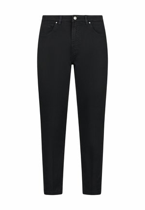 Schwarze Jeans aus Denim mit geradem Schnitt, Fünf-Taschen-Design und Reißverschluss. Ausgestattet mit Metallknöpfen und minimalistischer Gestaltung.
