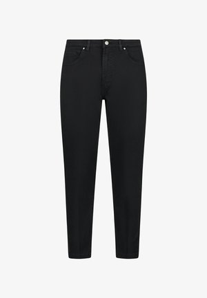 Schwarze Jeans aus Denim mit geradem Schnitt, Fünf-Taschen-Design und Reißverschluss. Ausgestattet mit Metallknöpfen und minimalistischer Gestaltung.