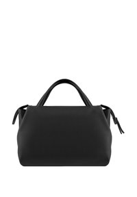 Black leather handbag with a textured surface, two top handles, and zippers on either side, featuring a simple, rounded shape.