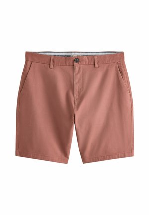 Herenshorts in een gedempte rozenkleur, gemaakt van zachte stof. Voorzien van zijzakken, een knoopsluiting en een recht model.