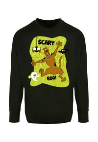 Črna kapuca z barvitim grafičnim odtisom Scooby-Doo med ilustracijami pajka, netopirja in duha ter besedilom "STRAŠNO BOO!"