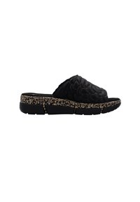 Black slide sandals with a padded, braided upper design and textured black sole, featuring a speckled cork midsole for contrast.