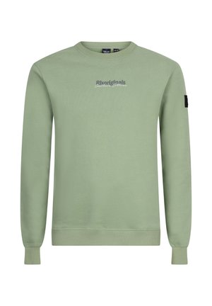 Lys grøn sweatshirt med lange ærmer og rund halsudskæring. Har et lille grafisk motiv i mørkegrå og et sort mærke på venstre ærme.