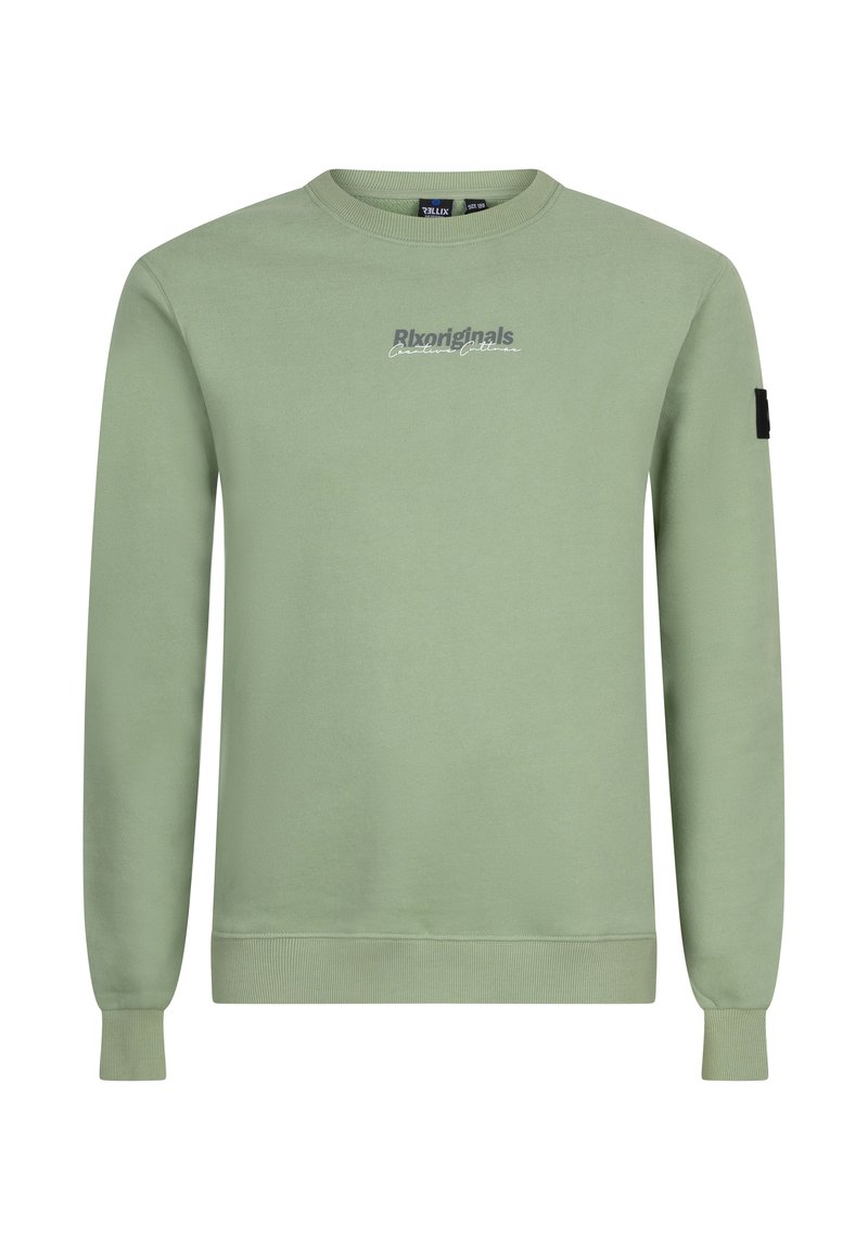 Helle grüne Sweatshirt mit langen Ärmeln und rundem Ausschnitt. Verfügt über eine kleine Grafik in Dunkelgrau und ein schwarzes Etikett am linken Ärmel.