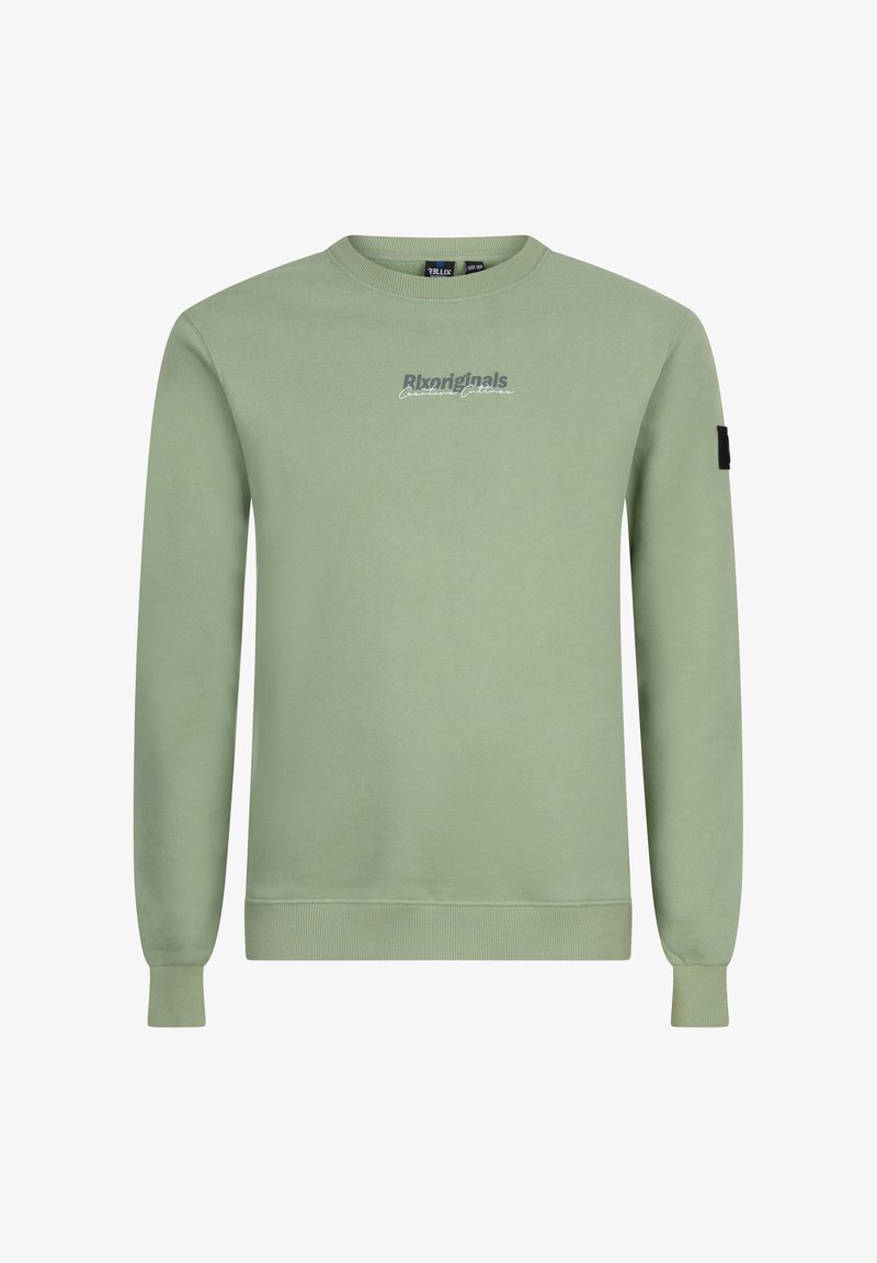 Light green sweatshirt with long sleeves and round neckline. Features a small graphic in dark gray and a black tag on the left sleeve.
