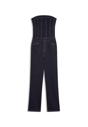 Bezramkowy kombinezon z ciemnoniebieskiego denimu z górą w stylu gorsetu, przednimi kieszeniami i szerokimi, prostymi nogawkami.
