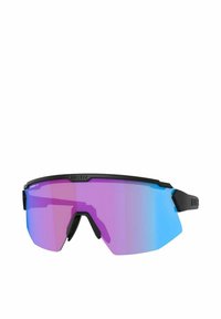 Gafas de sol deportivas con una montura negra y una gran lente única con degradado de púrpura a azul, diseñadas para cubrir completamente los ojos y ofrecer protección UV.