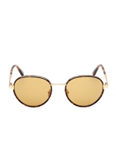 Runde Sonnenbrille mit Schildpatt-Fassung, goldener Brücke und bernsteinfarben getönten Gläsern, Vorderansicht auf weißem Hintergrund.