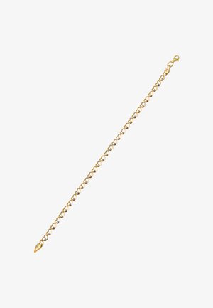 Zlatý náramok s okrúhlymi článkami a uzáverom na spony v bielej farbe.