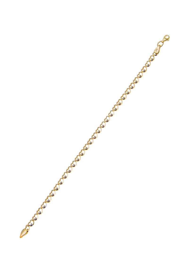 Zlatý náramok s okrúhlymi článkami a uzáverom na spony v bielej farbe.