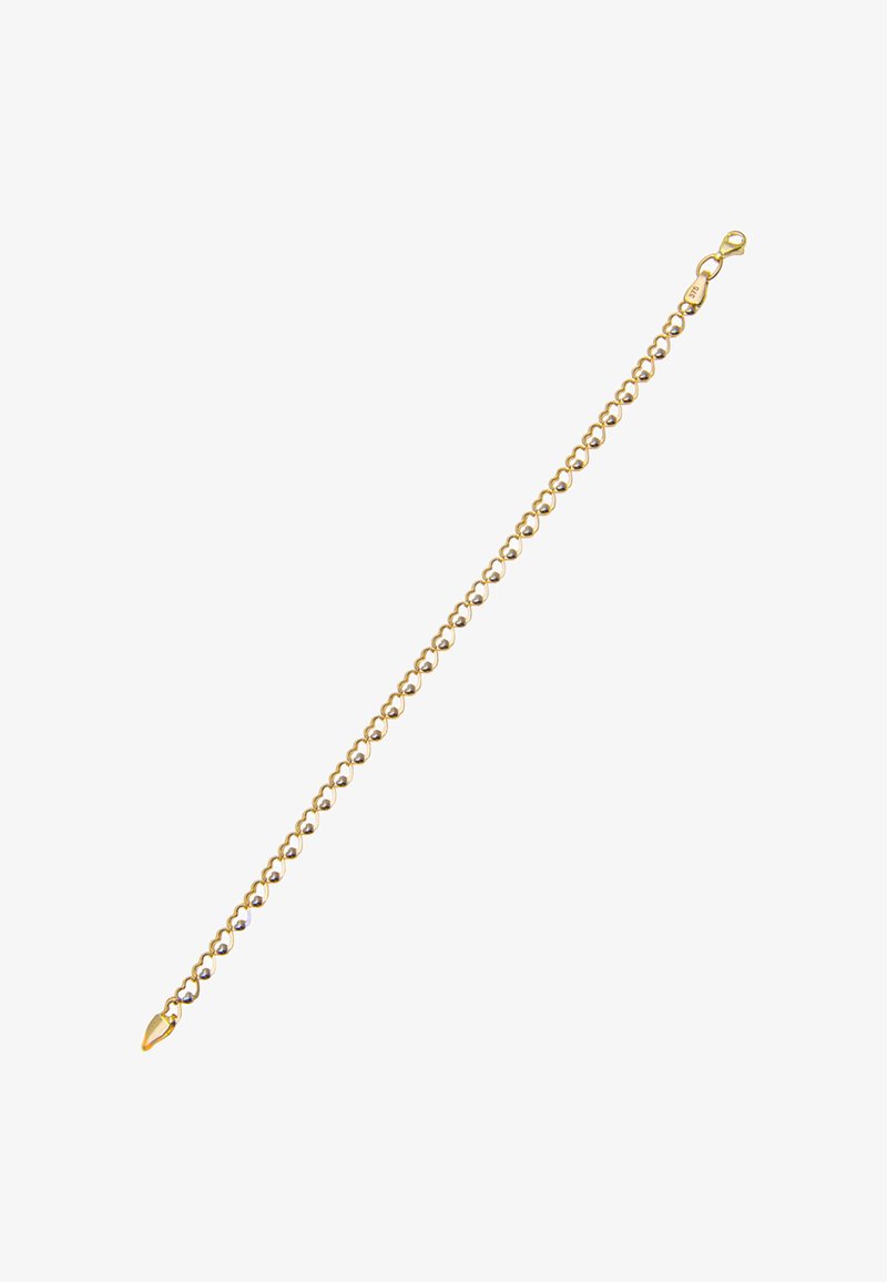 Zlatý náramok s okrúhlymi článkami a uzáverom na spony v bielej farbe.