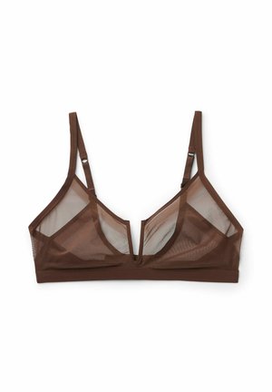 Soutien-gorge triangle en mesh marron transparent avec bretelles fines réglables et décolleté en V profond au centre devant.
