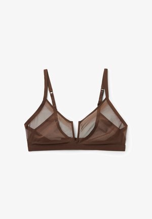 Soutien-gorge triangle en mesh marron transparent avec bretelles fines réglables et décolleté en V profond au centre devant.