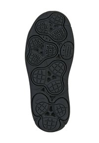 Soleta di scarpa in gomma nera caratterizzata da una forma unica con segmenti arrotondati multipli, motivi a griglia texturizzati e fori di ventilazione per una migliore traspirabilità.