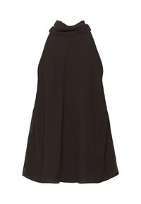 Robe noire sans manches à col halter, coupe ample et col haut légèrement drapé.
