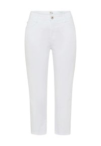 Pantalons blancs à jambe droite en tissu mélangé coton, dotés d'une fermeture à bouton, de cinq poches et d'une finition lisse. Pas de motifs distincts.