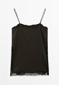 Camisole nera con spalline sottili, con bordo in pizzo all'orlo e tessuto strutturato con bordi grezzi, design svasato.