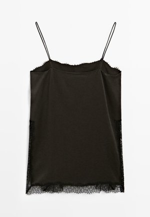 Sort camisole-top med tynde stropper, der har en blondekant i kanten og tekstureret stof med rå kanter, løstsiddende design.