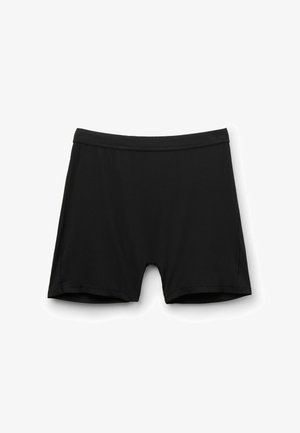 Black swim shorts made of smooth fabric with a ribbed texture. Features an elastic waistband and mid-thigh length. No visible hardware.