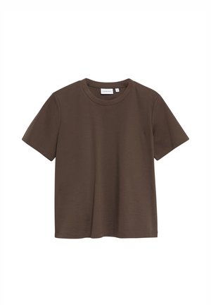 Brązowa koszulka z krótkim rękawem i okrągłym dekoltem, o jednolitym wzorze, pokazana na płasko na białym tle.